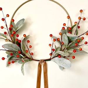Simple Fall Wreath | Fall Lambs Ear Wreath | Modern Hoop Wreath | Lambs Ear Berry Wreath | Halloween Wreath | Modern Thanksgiving Wreath