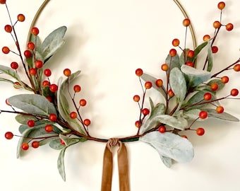 Simple Fall Wreath | Fall Lambs Ear Wreath | Modern Hoop Wreath | Lambs Ear Berry Wreath | Halloween Wreath | Modern Thanksgiving Wreath