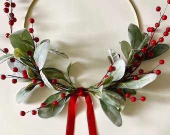 Simple Christmas Wreath | Christmas Lambs Ear Wreath | Modern Holiday Hoop Wreath | Winter Home Wreath | Lambs Ear Berry Wreath