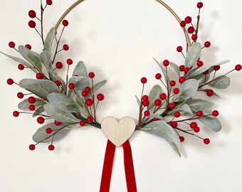 Valentines Day Wreath | Lambs Ear Berry Wreath | Simple Valentine Day Wreath | Modern Valentine Hoop Wreath | Heart Home Wreath