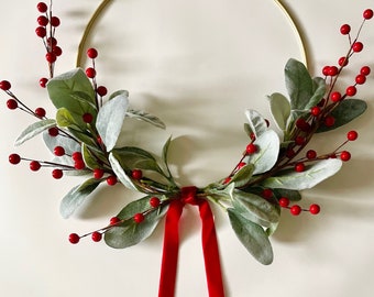 Simple Christmas Wreath | Christmas Lambs Ear Wreath | Modern Holiday Hoop Wreath | Winter Home Wreath | Lambs Ear Berry Wreath