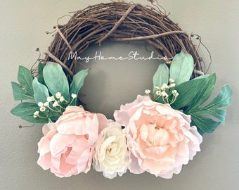 Pale Pink Peony Wreath | Spring Floral Wreath | Natural Grapevine Wreath | Spring Summer Wreath | Front Door Wreath