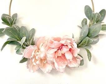 Peony Lambs Ear Wreath | Spring Summer Wreath | Spring Home Wreath | Simple Floral Hoop Wreath | Mothers Day Wreath