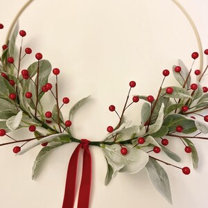 Simple Christmas Wreath | Christmas Lambs Ear Wreath | Modern Holiday Hoop Wreath | Winter Home Wreath | Lambs Ear Berry Wreath image 3