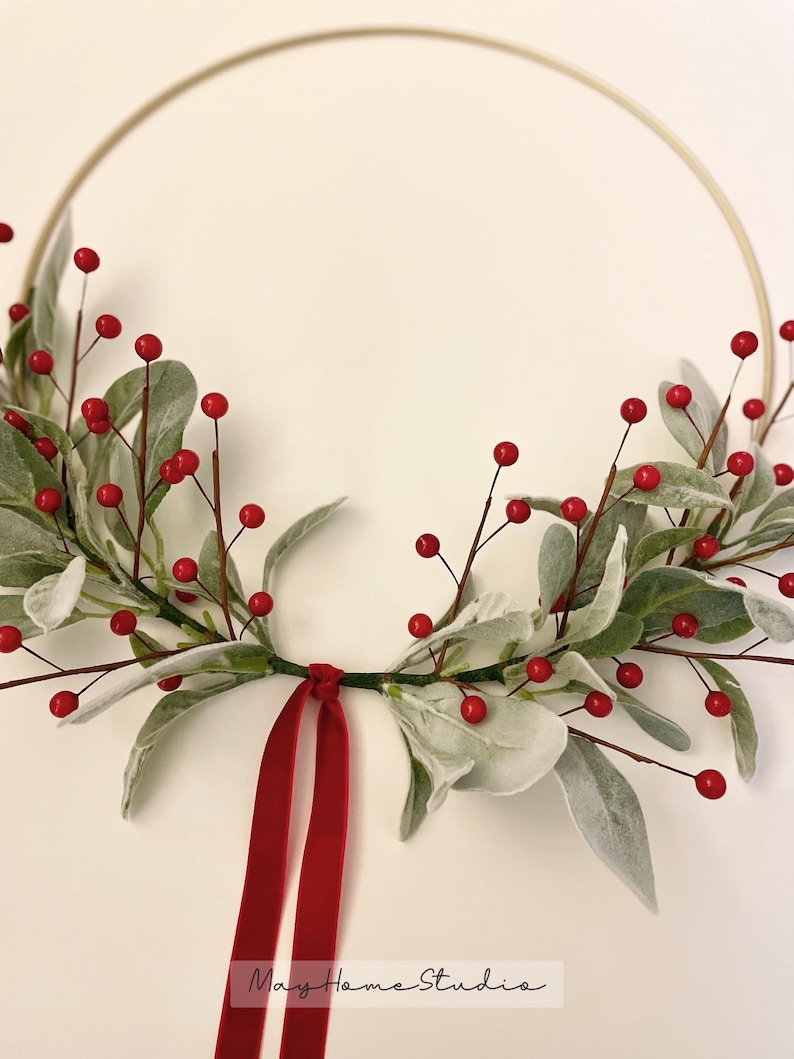 Simple Christmas Wreath | Christmas Lambs Ear Wreath | Modern Holiday Hoop Wreath | Winter Home Wreath | Lambs Ear Berry Wreath image 3