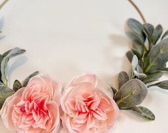 Cabbage Rose Lambs Ear Wreath | Spring Door Wreath | Summer Hoop Wreath | Simple Floral Hoop Wreath | Spring Summer Home Decor