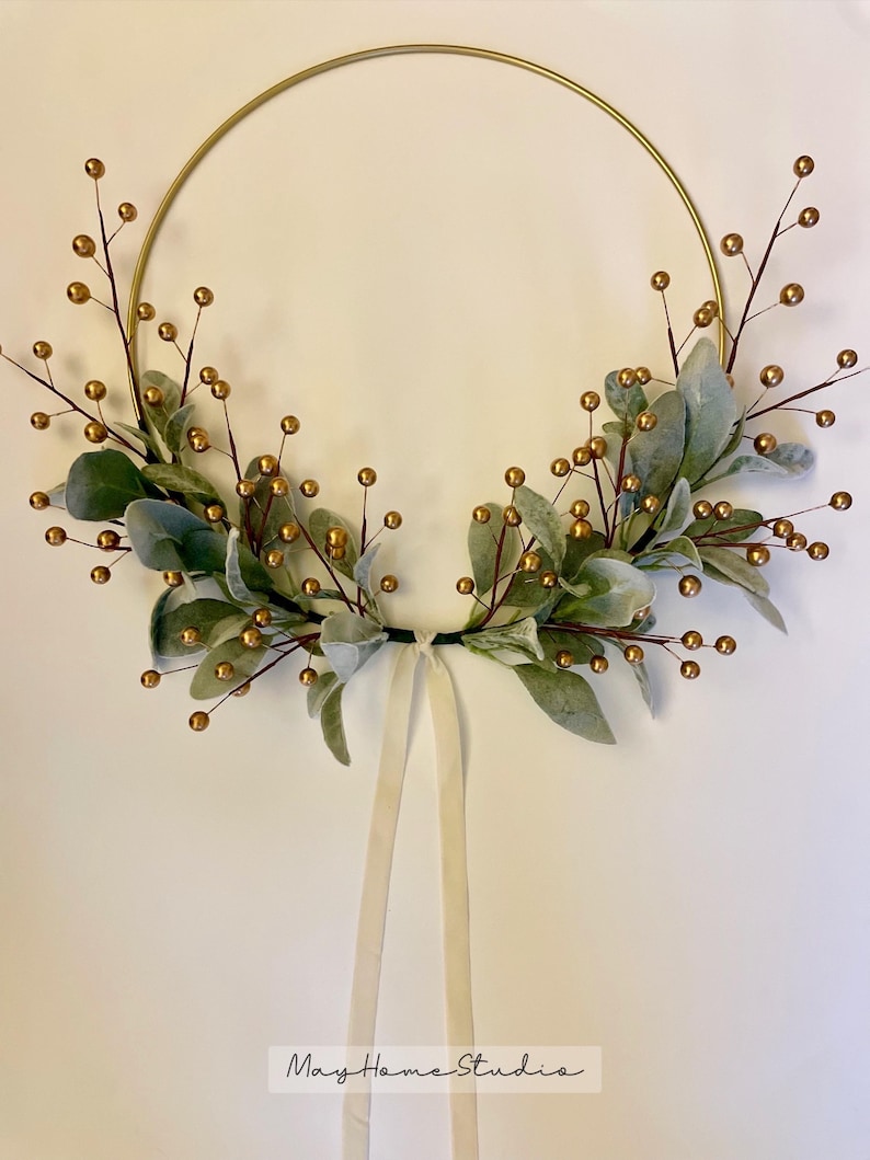 Simple Christmas Wreath | Christmas Lambs Ear Wreath | Modern Holiday Hoop Wreath | Winter Home Wreath | Lambs Ear Berry Wreath image 10