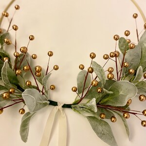 Simple Christmas Wreath | Christmas Lambs Ear Wreath | Modern Holiday Hoop Wreath | Winter Home Wreath | Lambs Ear Berry Wreath Gold