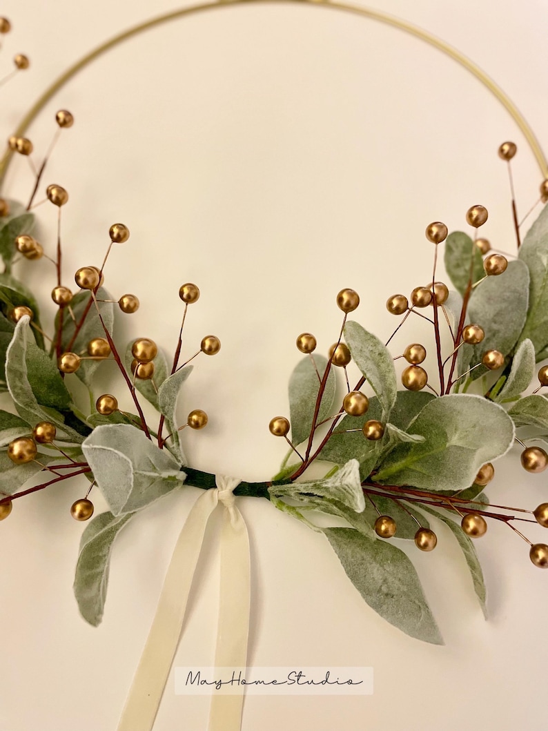 Simple Christmas Wreath | Christmas Lambs Ear Wreath | Modern Holiday Hoop Wreath | Winter Home Wreath | Lambs Ear Berry Wreath Gold