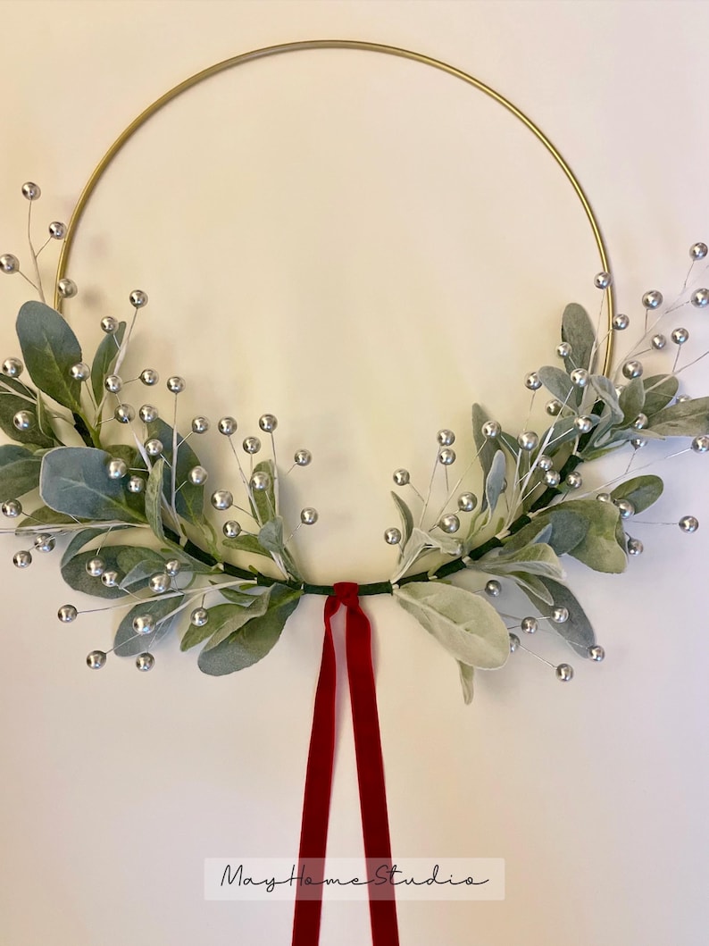 Simple Christmas Wreath | Christmas Lambs Ear Wreath | Modern Holiday Hoop Wreath | Winter Home Wreath | Lambs Ear Berry Wreath image 8