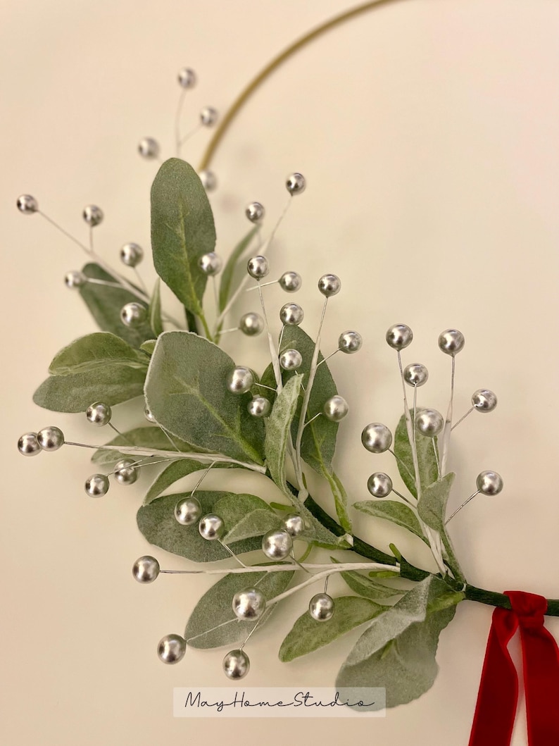 Simple Christmas Wreath | Christmas Lambs Ear Wreath | Modern Holiday Hoop Wreath | Winter Home Wreath | Lambs Ear Berry Wreath Silver