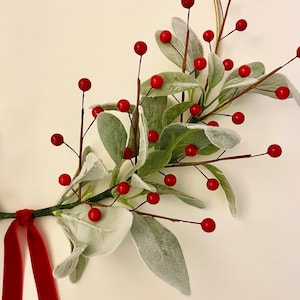 Simple Christmas Wreath | Christmas Lambs Ear Wreath | Modern Holiday Hoop Wreath | Winter Home Wreath | Lambs Ear Berry Wreath Red
