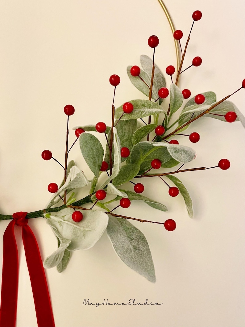 Simple Christmas Wreath | Christmas Lambs Ear Wreath | Modern Holiday Hoop Wreath | Winter Home Wreath | Lambs Ear Berry Wreath Red