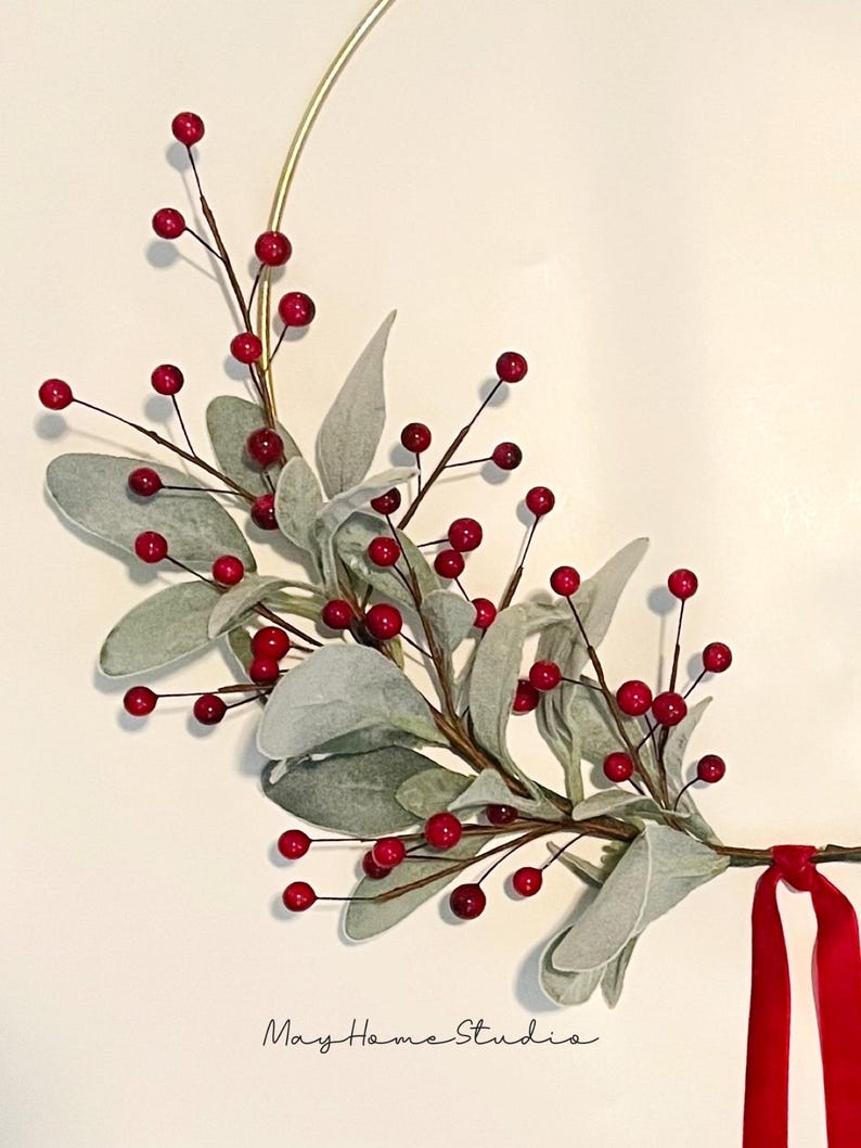 Simple Christmas Wreath | Christmas Lambs Ear Wreath | Modern Holiday Hoop Wreath | Winter Home Wreath | Lambs Ear Berry Wreath Dark Red