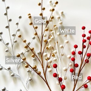 May include: Four sprigs of berry stems with different colored berries. The stems are brown and the berries are silver, gold, white, and red.