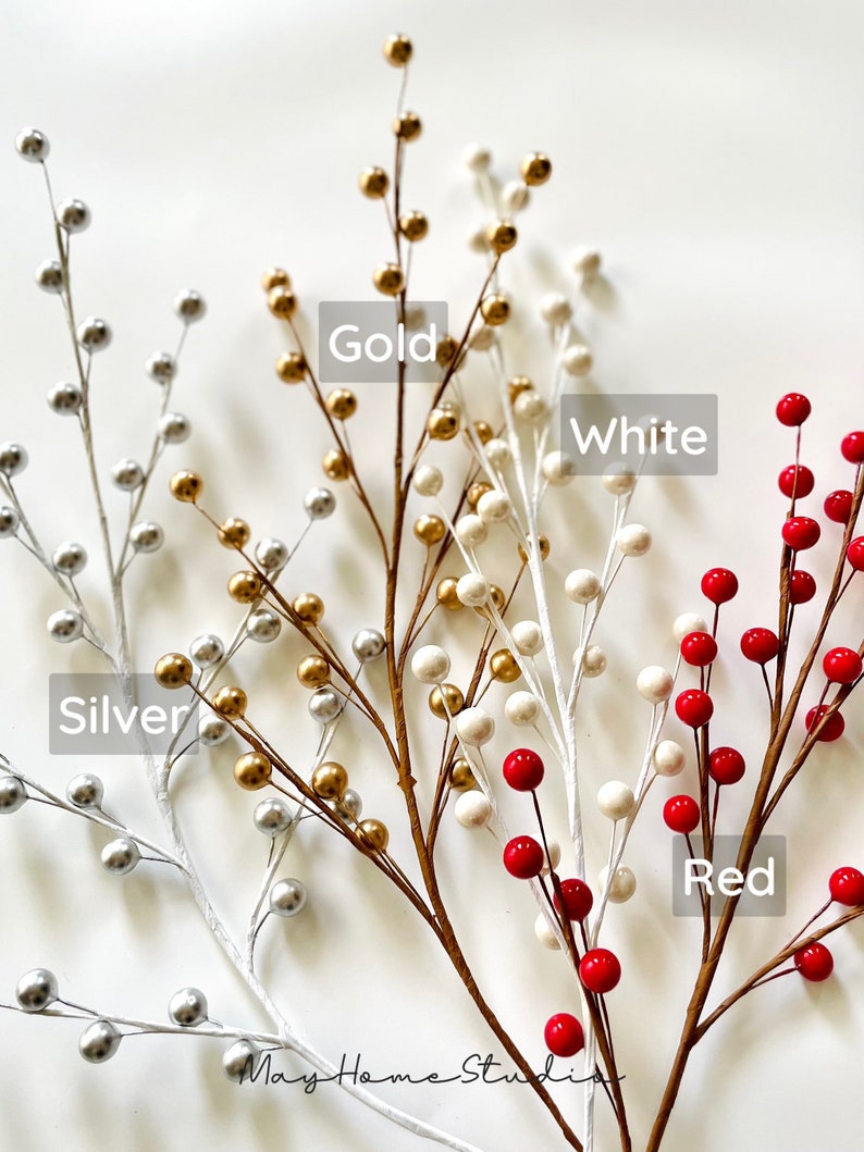 May include: Four sprigs of berry stems with different colored berries. The stems are brown and the berries are silver, gold, white, and red.