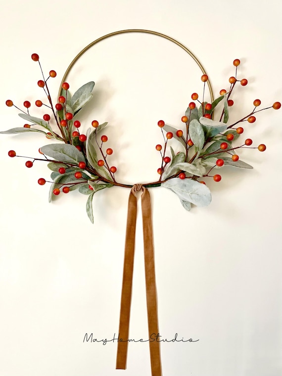 Simple Fall Wreath | Fall Lambs Ear Wreath | Modern Hoop Wreath | Lambs Ear Berry Wreath | Halloween Wreath | Modern Thanksgiving Wreath