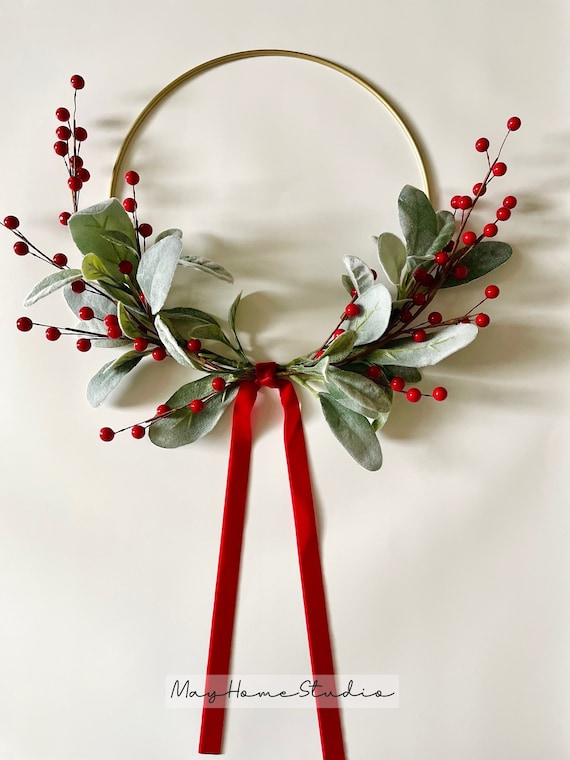 Simple Christmas Wreath | Christmas Lambs Ear Wreath | Modern Holiday Hoop Wreath | Winter Home Wreath | Lambs Ear Berry Wreath
