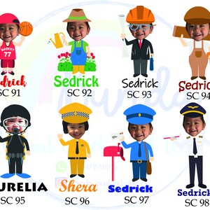 May include: A series of cartoon illustrations depicting children in different occupations. The images show a basketball player, gardener, architect, carpenter, scuba diver, taxi driver, postman, and pilot. Each image has a name and a code.