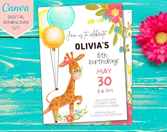 Editable Giraffe Birthday Invitation | Printable Invite | Kids Giraffe Invite | Digital Download | Evite | Template | Safari | Animals