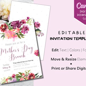 May include: Editable Mother's Day brunch invitation template with a watercolor floral design in shades of pink and purple. The text reads "Please join us for a Mother's Day Brunch" and includes details for the event, such as the date, time, and location.