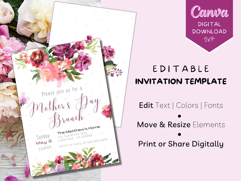 May include: Editable Mother's Day brunch invitation template with a watercolor floral design in shades of pink and purple. The text reads "Please join us for a Mother's Day Brunch" and includes details for the event, such as the date, time, and location.
