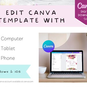 May include: A laptop computer displaying a Canva design template for a Mother's Day Brunch invitation. The template features a floral design with pink, purple, and green flowers. The text on the template reads "Mother's Day Brunch". The laptop is on a wooden desk with a vase of flowers and a white mug.