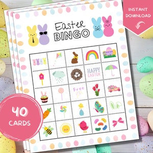 May include: Printable Easter Bingo cards with 40 cards in total. The cards feature a variety of Easter-themed images, including bunnies, eggs, chicks, and flowers. The text "Instant Download" is visible in the upper right corner of the image.