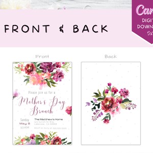 May include: A printable invitation for a Mother's Day brunch. The front features a watercolor floral design with the text "Please join us for a Mother's Day Brunch". The back features a smaller watercolor floral design.