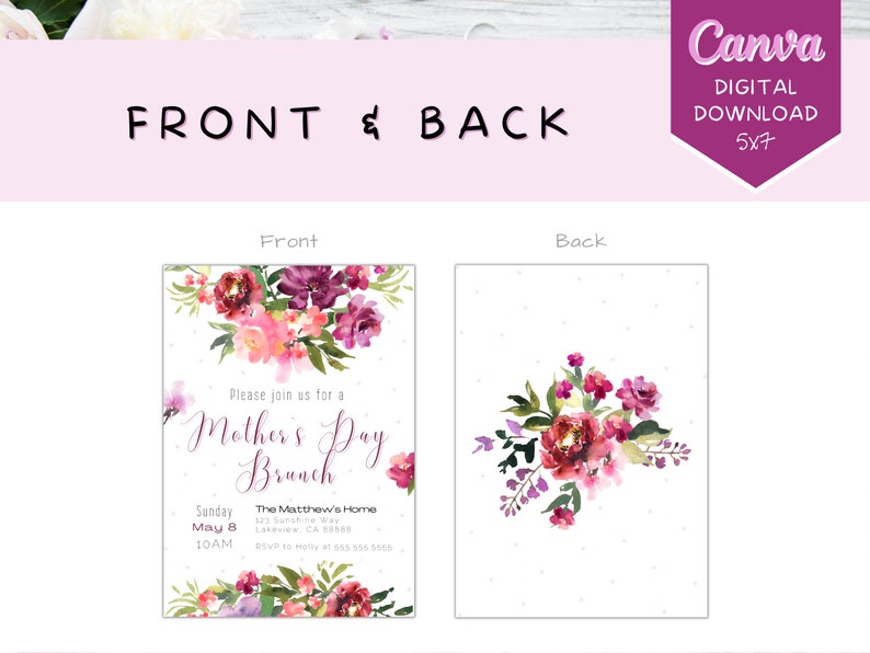 May include: A printable invitation for a Mother's Day brunch. The front features a watercolor floral design with the text "Please join us for a Mother's Day Brunch". The back features a smaller watercolor floral design.