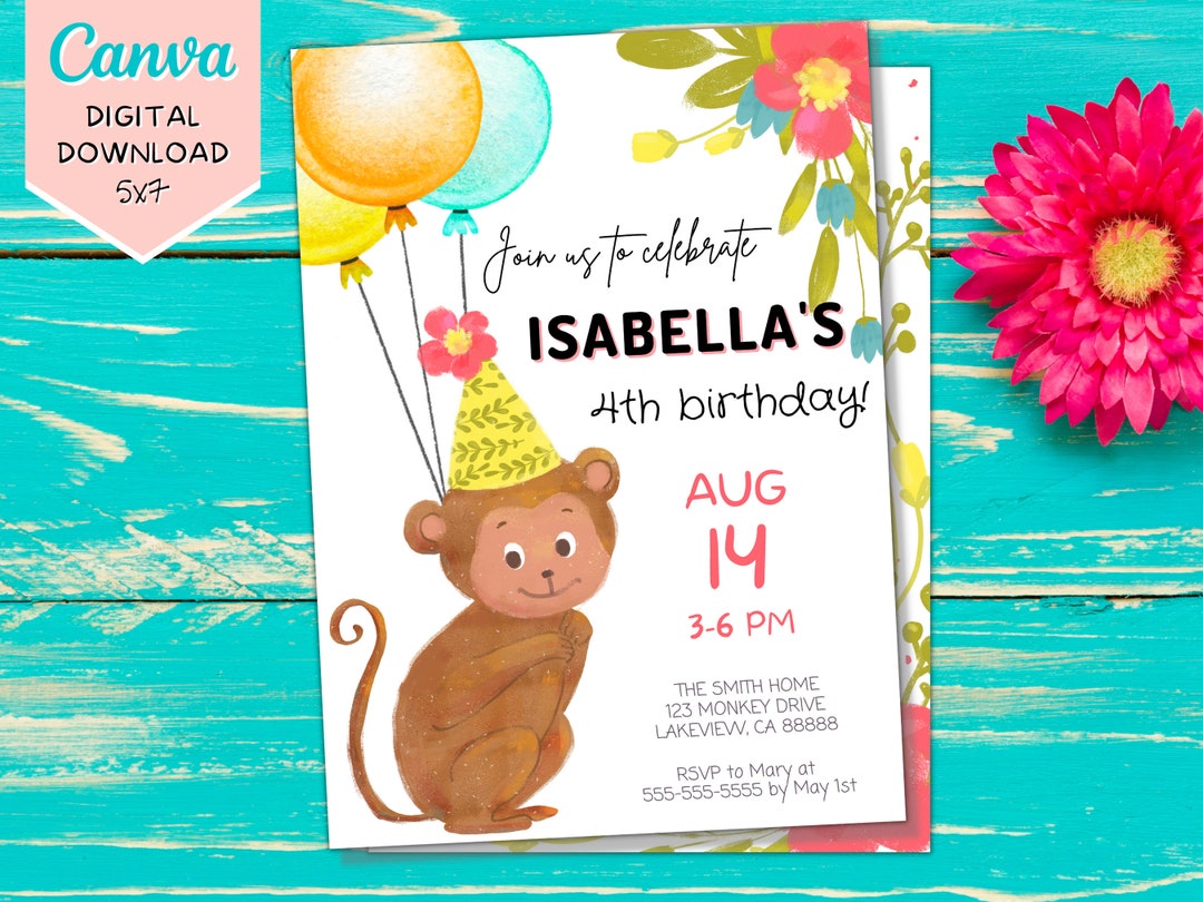 Invitación de cumpleaños de mono editable / Invitación de mono ...