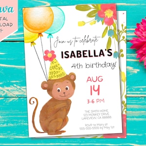 Editable Monkey Birthday Invitation | Printable Monkey Invite | Kids Monkey Invite | Digital Download | Evite | Template | Safari |Animals