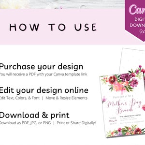 May include: A pink and white floral design Canva template for a Mother's Day brunch invitation. The template features a floral wreath with pink, purple, and white flowers. The text "Please join us for a Mother's Day Brunch" is written in a pink script font. The invitation also includes the date, time, and location of the brunch.