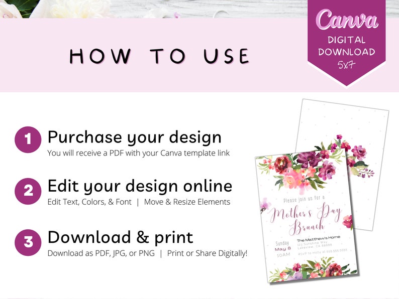 May include: A pink and white floral design Canva template for a Mother's Day brunch invitation. The template features a floral wreath with pink, purple, and white flowers. The text "Please join us for a Mother's Day Brunch" is written in a pink script font. The invitation also includes the date, time, and location of the brunch.