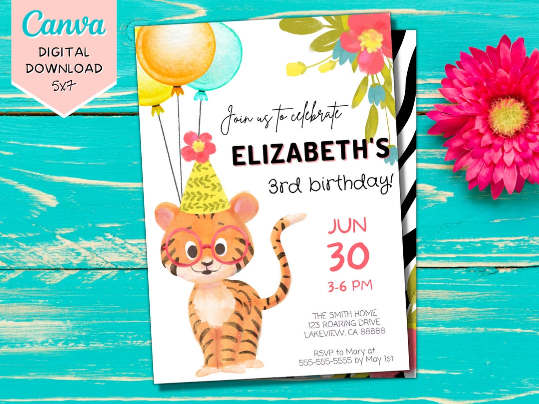 Editable Tiger Birthday Invitation Printable Tiger Invite Kids Tiger