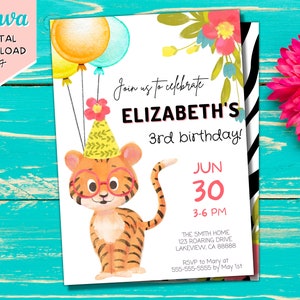 Editable Tiger Birthday Invitation | Printable Tiger Invite | Kids Tiger Invitation | Digital Download | Evite | Template | Safari | Animals