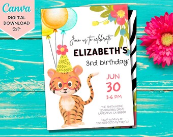 Editable Tiger Birthday Invitation | Printable Tiger Invite | Kids Tiger Invitation | Digital Download | Evite | Template | Safari | Animals
