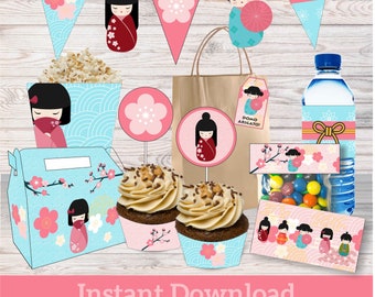 Japanese style party, Kokeshi Party Decorations, Traditional Birthday Party, Printable supply, Instant Download Party, national party supply