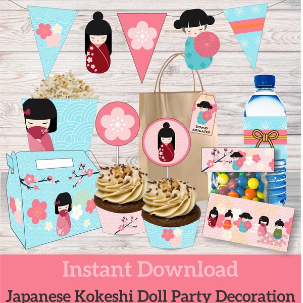 Japanese style party, Kokeshi Party Decorations, Traditional Birthday Party, Printable supply, Instant Download Party, national party supply