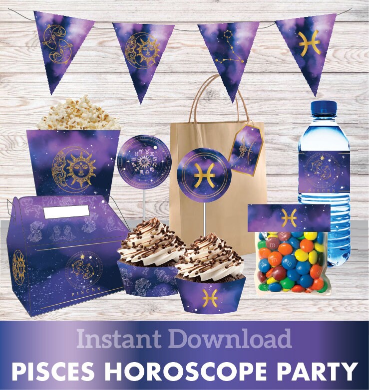 Pisces Zodiac style party, Horoscope Decorations, Printable supply, Instant Download Party, birthday paper decor