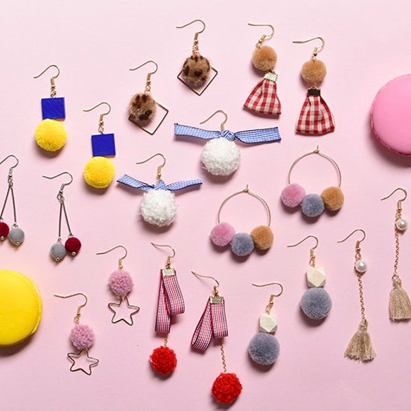 Beginner DIY Earring Kit,Jewelry Making Kit, 10 Pairs of Earrings Craft Supplies - Pom Poms - bows-