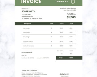 May include: A green and white invoice template with the title "Invoice Template" and the text "Liceria & Co." at the top. The invoice is for John Smith and includes a list of services with their quantities, prices, and totals. The total due is $1,503.