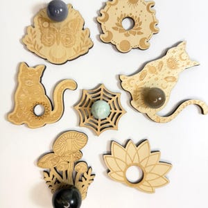 Wood Carved Crystal Sphere Holder: Witchy Altar Decor - Cat, Moon, Butterfly