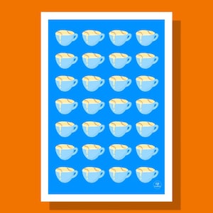 May include: A rectangular art print featuring a repeating pattern of light blue teacups filled with a pale yellow beverage. The cups are arranged in seven rows of four against a bright blue background. The text cp creates is in the bottom right.