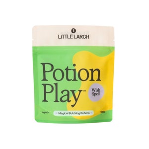 May include: A green and yellow pouch with the text "Potion Play" and "Wish Spell" in white. The pouch contains 100g of magical bubbling potions for ages 3+.
