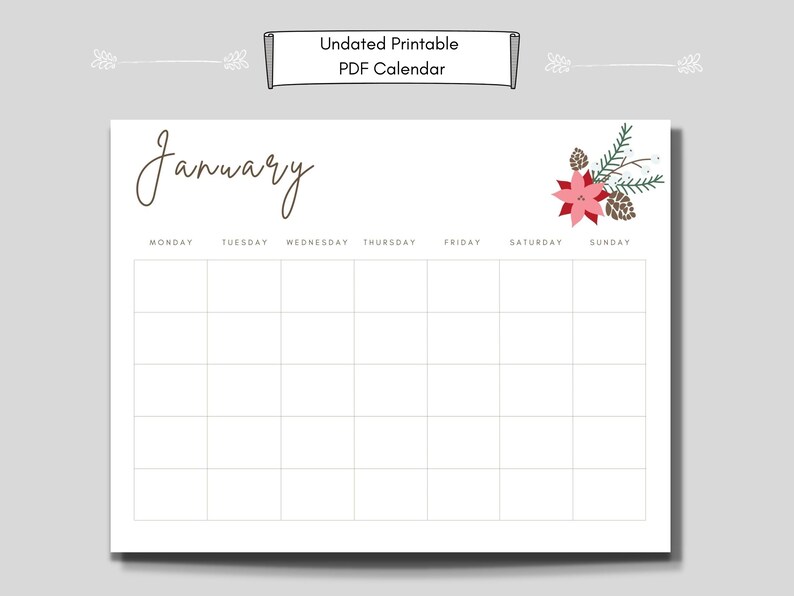 Printable, Blank Monthly Calendar, Floral Calendar, Minimalist Calendar ...