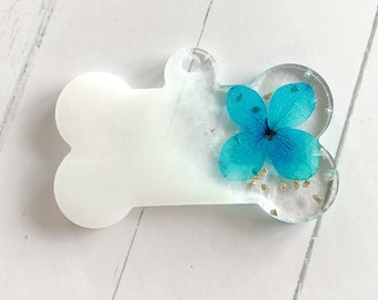 Personalized white dog tag with blue flower and gold glitter /floral dog tag/personalized dog tag/dog tag with flower/dog id tag