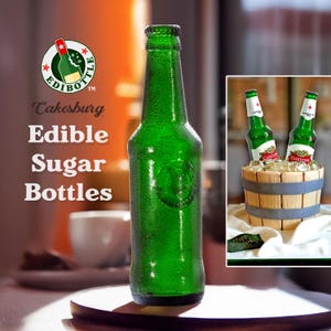 Handmade edible sugar beer bottles in brown and green colours by EdiBottle – luxury cake toppers made in the UK.