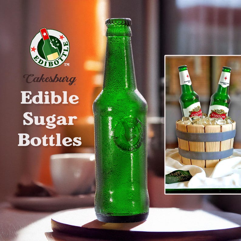 Handmade edible sugar beer bottles in brown and green colours by EdiBottle – luxury cake toppers made in the UK.