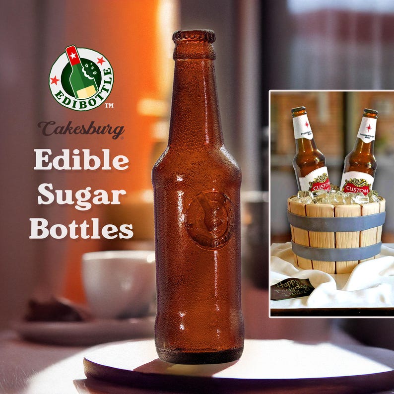 Handmade edible sugar beer bottles in brown and green colours by EdiBottle – luxury cake toppers made in the UK.
